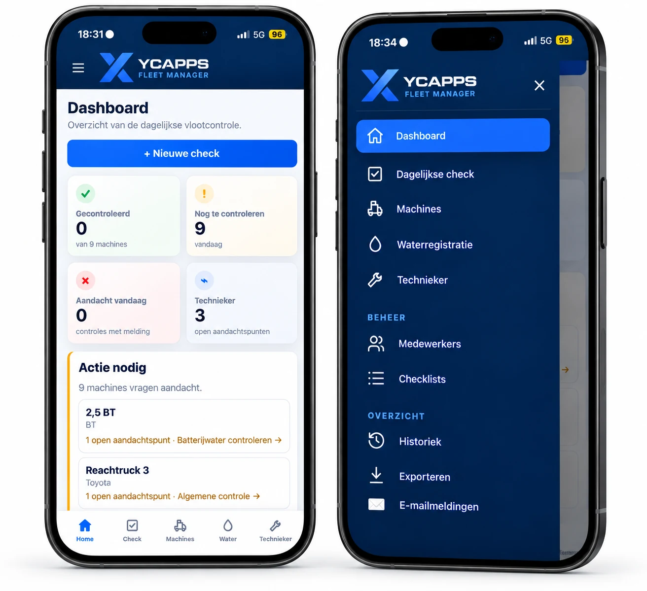 Fleet Manager dashboard en menu